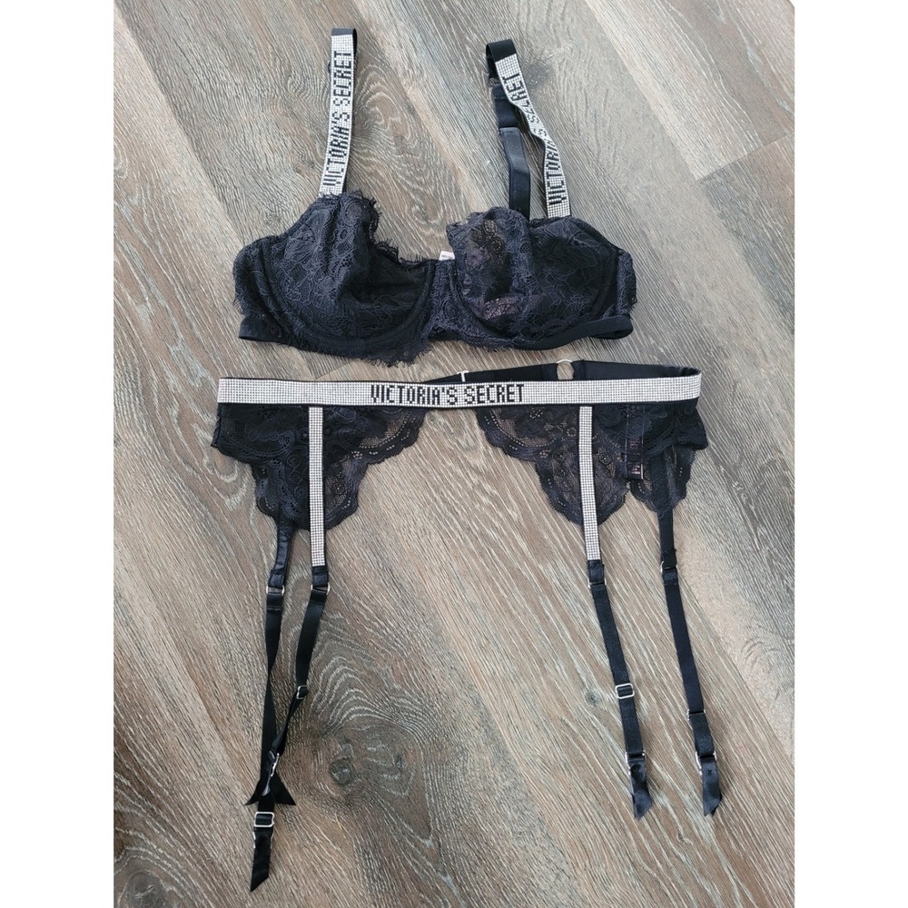 Victoria's Secret Black Lace Rhinestone Shine Strap Bra Garter Set 36C M/L #12